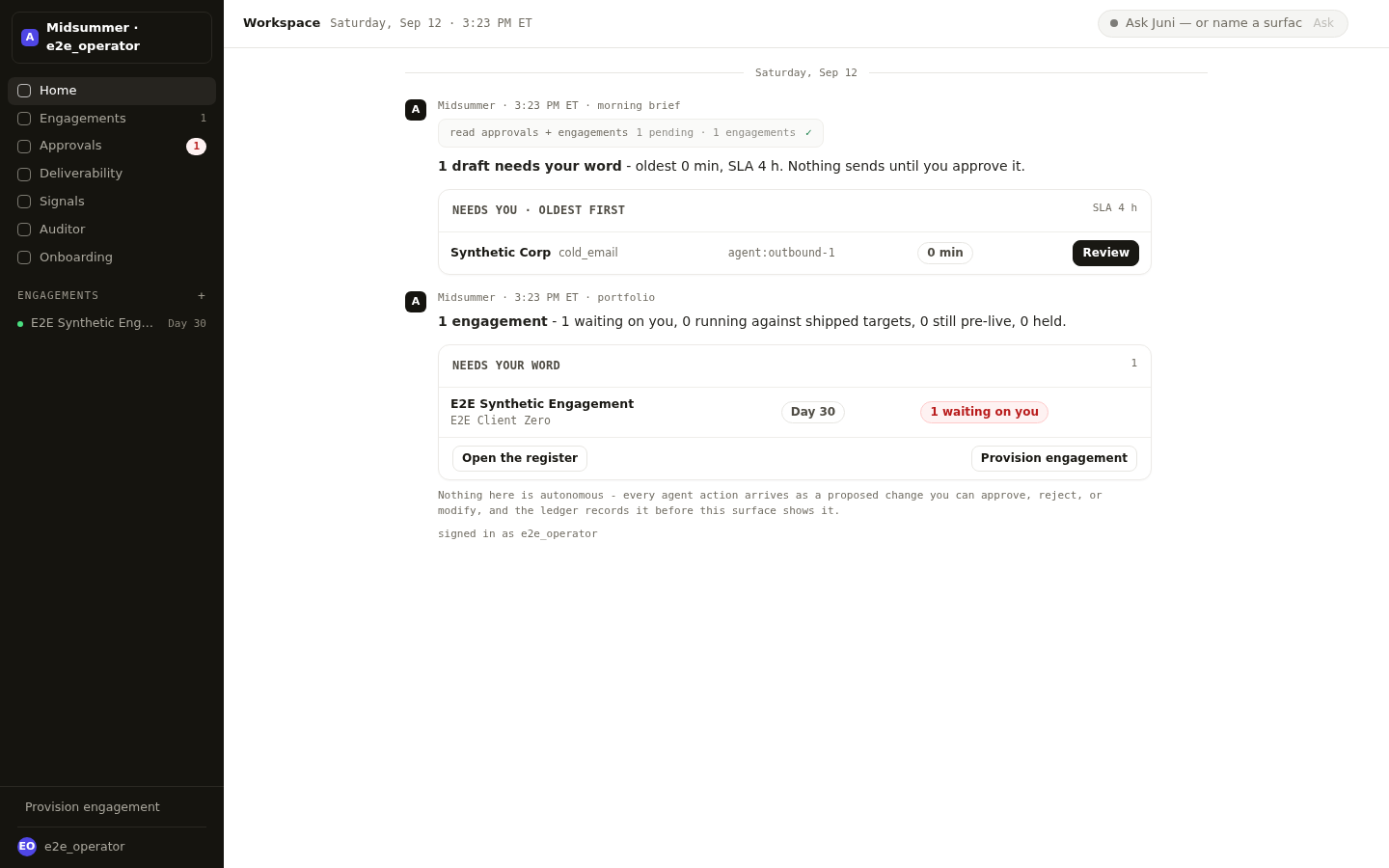 The Midsummer workspace on the Synthetic Corp demo tenant: one draft waiting on a word, one engagement on the board.